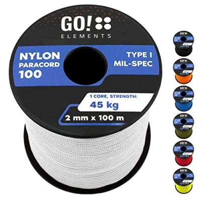 Abbildung von GO!elements 100m Paracord 2mm Seil aus reißfester Nylonschnur 100 Typ I Survival Schnur Reißfest bis 45kg geeignet als Allzweckseil, Reepschnur, Kordel, Maurerschnur, Farbe: Weiß