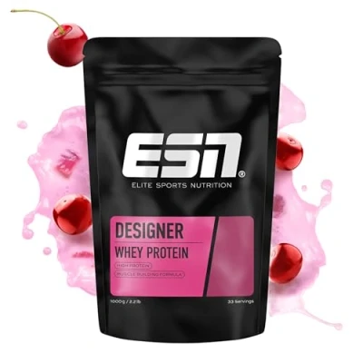 Abbildung von ESN Designer Whey Protein Pulver, Cherry Yogurt, 1 kg, bis zu 23 g pro Portion, ideal zum Muskelaufbau und erhalt, geprüfte Qualität made in Germany