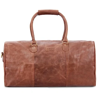 Abbildung von LEABAGS Leder Weekender Damen &amp; Herren I Echtleder Premium Reisetasche 40 l Sporttasche Duffle Travel Gym Bag Trainingstasche Tasche Flugzeug groß Vintage Cognac