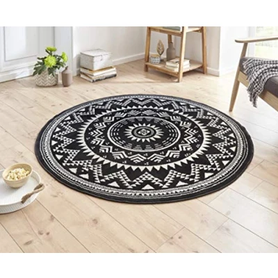 Abbildung von Hanse Home Teppich Valencia Rund Mandala Kurzflor Modern Vintage Teppiche für Esszimmer, Wohnzimmer, Kinderzimmer, Flur, Schlafzimmer, Küche Schwarz Creme ø140cm