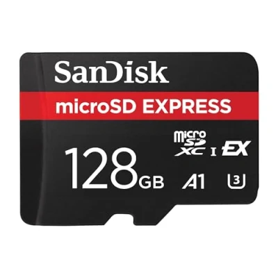 Abbildung von SanDisk microSD Express Speicherkarte 128 GB (Ideal für 4K UHD &amp; RAW Bildaufnahmen, Lesen bis zu 880 MB/s Schreiben 480 MB/s, RescuePRO Deluxe,)