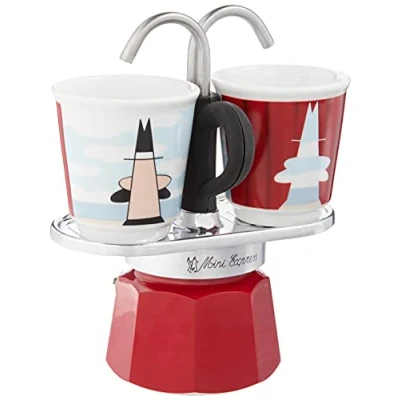 Abbildung von Bialetti Mini Express Magritte: Mokka Set inkl. Kaffeemaschine 2 Tassen (80 ml) + Schnapsgläser, rot, Aluminium
