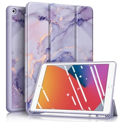 Abbildung von Fintie Hülle für iPad 9. Generation 2021/8. Gen 2020/7. 2019 10.2 Zoll Superleicht Soft TPU Rückseite Abdeckung Schutzhülle mit eingebautem Pencil Halter, Auto Sleep/Wake, Lila Marmor