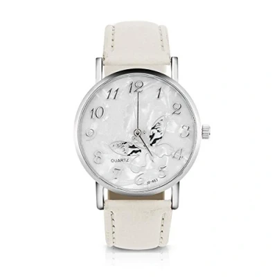 Abbildung von Sonew Frauen Quarz Uhr, Weibliche Analog Quarzuhr Runde Armbanduhren mit PU lederner Bügel Mode einfache Schmetterlings Entwurfs Armbanduhr(White)