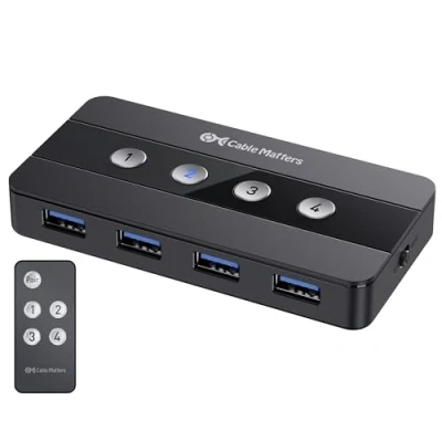 Abbildung von Cable Matters 4 Port USB 3.0 KVM Switch Hub (USB In Out, Switches) für Computer Umschalten per Tastendruck oder Fernbedienung enthält C Adapter und Thunderbolt 3
