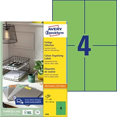 Abbildung von AVERY Zweckform 3458 Grüne Etiketten (400 Aufkleber, 105x148mm auf A4, permanent haftend, selbstklebende Farbetiketten, Papier matt, bedruckbare, farbige Klebeetiketten) 100 Blatt