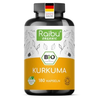 Abbildung von Raibu BIO Kurkuma Kapseln hochdosiert 180 Curcuma 3000mg pro Tagesdosis 500mg Kapsel Hoher Curcumin Gehalt in Deutschland produziert Vegan Turmeric