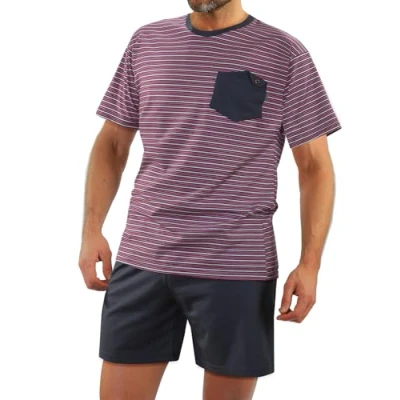 Abbildung von sesto senso Herren Schlafanzug Kurz Gestreift Pyjama Baumwolle Kurzarm T Shirt Pyjamahose Zweiteilig Set rot Rosa XL 05 K67E