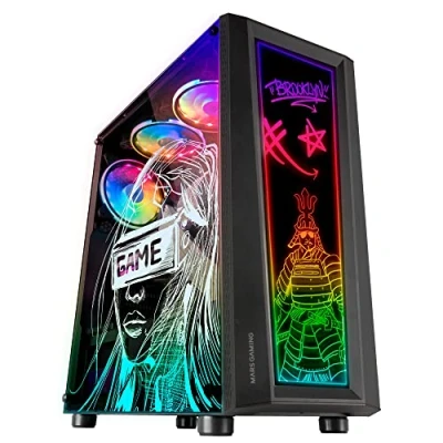 Abbildung von MarsGaming MC Art Schwarz, PC Gaming ATX Gehäuse, Doppelt Zeichnbar Gehärtetes Glas, ARGB 12 Mode, 12cm Lüfter, MCART