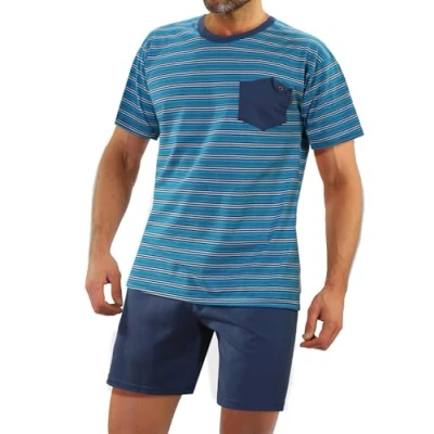 Abbildung von sesto senso Herren Schlafanzug Kurz Gestreift Pyjama Baumwolle Kurzarm T Shirt Pyjamahose Zweiteilig Set Navy blau M 05 K67ZC