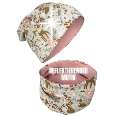 Abbildung von HECKBO 360 Reflektor Kinder Mütze &amp; Loop Schal Set Waldtiere 2 8 Jahre 95% Baumwolle weiches pflegeleichtes Stretch Material Beanie Frühling Herbst