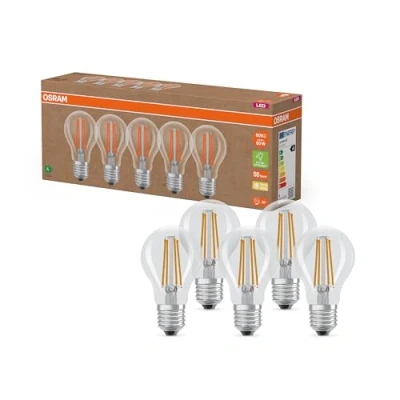 Abbildung von Osram Hocheffiziente LED Lampen mit Energieeffizienz Klasse A, Vorteilspack 5 Leuchtmittel, ersetzt herkömmliche 60W Glühbirnen, warmweiß(2700K), E27, Filament Glas