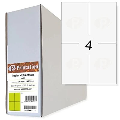Abbildung von Printation Etiketten selbstklebend 105 x 148 mm 500 A4 Blätter Bigpack / 4 bedruckbar weiß pro Blatt 2x2 105x148 DIN A6 2000 Labels Versandaufkleber Versand Klebeetiketten