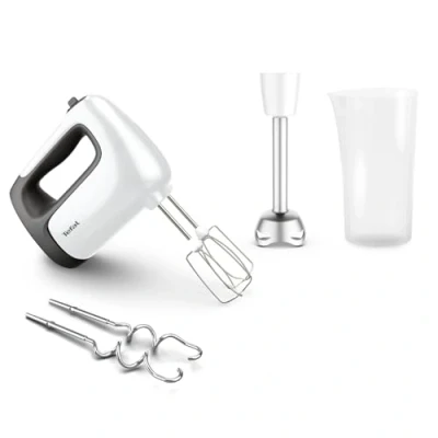 Abbildung von Tefal HT462138 Prep&#039;Mix + Handmixer Ideal für leichte und zähe Zubereitungen Leistungsstarker 500 W Motor 5 Geschwindigkeiten Turbo Funktion Pürierstab Aufsatz aus Edelstahl weiß/grau