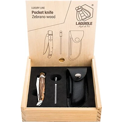 Abbildung von Laguiole Style de Vie Taschenmesser mit Wetzstahl &amp; Ledertasche, Zebranoholz, Geschenkbox
