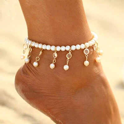 Abbildung von Handcess Boho Perlen Fußkettchen Gold Strass Quaste Fußkette Schmuck für Frauen und Mädchen