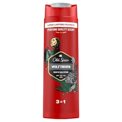 Abbildung von Old Spice Wolfthorn 3 in 1 Duschgel und Shampoo für Männer, 400ml, langanhaltender, frischer Duft Parfümqualität, Tiefenreinigung Haare Gesicht Körper, sanftes Hautgefühl