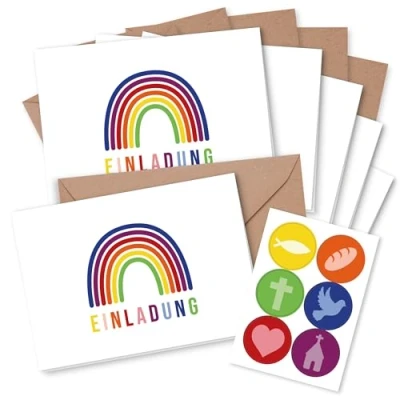 Abbildung von Papierdrachen 6 Einladungskarten für christliche Feste wie Taufe, Kommunion, Konfirmation, Firmung Motiv Regenbogen Klappkarten mit Umschlag und passenden Stickern DIN A6 Set 4