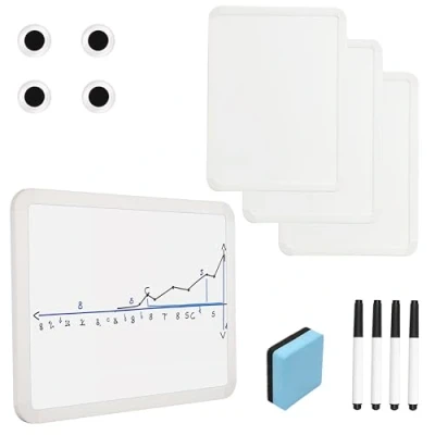 Abbildung von Belle Vous (4er Pack) Mini Whiteboard Magnetisch mit Schwarzem Marker, Magneten &amp; Radiergummi Doppelseitige, Tragbare, Trocken Abwischbare Tafel für Schüler, Zuhause Büro