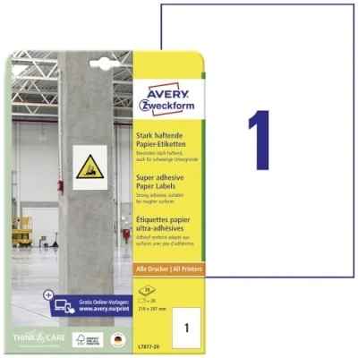 Abbildung von AVERY Zweckform L7877 20 stark haftende Etiketten (20 Aufkleber, 210x297mm auf A4, extrem selbstklebend, auch für schwierige Oberflächen, bedruckbare Power Klebeetiketten) Blatt, weiß