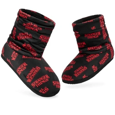 Abbildung von Stranger Things Winter Hausschuhe Damen Rutschfester, Reißverschluss, Größe 34 41 Flauschige Bootie (Schwarz/Rot, 40 EU)