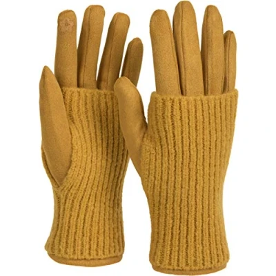 Abbildung von styleBREAKER Damen Touchscreen Stoff Handschuhe mit abnehmbaren Strick Stulpen, warme Fingerhandschuhe, Winter 09010022, Farbe:Curry