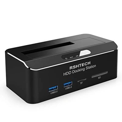 Abbildung von Festplatten Docking Station, RSHTECH Aluminium USB 3.0 Dockingstation für 2.5 &amp; 3.5 Zoll SATA HDD SSD, mit SD TF Karte und ABS Federabdeckung, unterstützt zu 6 Gbit/s 16 TB Laufwerke