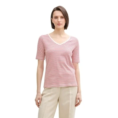 Abbildung von TOM Tailor MIT Vausschnitt Tshirt print, Damen, Größe: Small, Berry red regular stripe