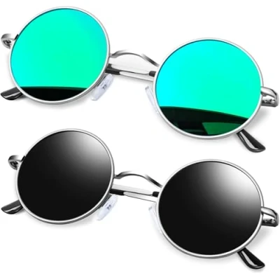 Abbildung von KANASTAL Runde Sonnenbrille Herren und Damen 2er Set Polarisiert Schwarze Verspiegelt Grün Klassische Rund Brille Retro Rave Hippie Steampunk mit Metallrahmen