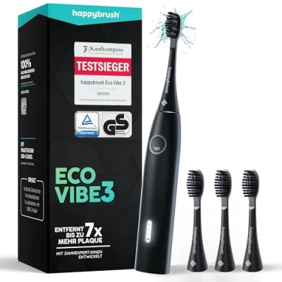 Abbildung von happybrush [Testsieger*] Elektrische Schallzahnbürste Eco VIBE 3 Nachhaltige Zahnbürste mit 6 Wochen Power Akku inkl. 4 Aufsteckbürsten Schwarz Vorteilsset