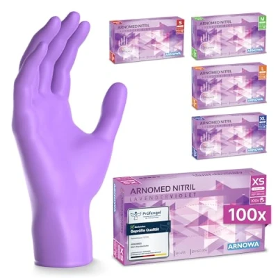 Abbildung von ARNOMED Einweghandschuhe Lila 100 Stück/Box, Einmalhandschuhe XS, Nitrilhandschuhe, Handschuhe Einweg puderfrei, latexfreie Gummihandschuhe, in S, M, L &amp; XL verfügbar