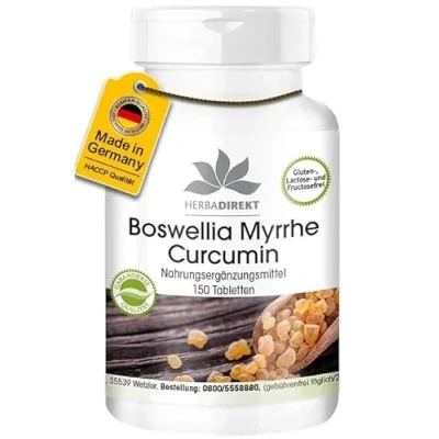 Abbildung von Boswellia Tabletten mit Myrrhe und Curcumin 150 Vitamin D3 HERBADIREKT by Warnke Vitalstoffe Deutsche Apothekenqualität