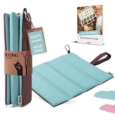 Abbildung von BJORKI® Sitzkissen Kinder Faltbares Outdoor mit optimalem Kälte und Nässeschutz Robuste Sitzunterlage Das Thermo fürs Wandern, Stadion unterwegs, Pastell Blau, Polyester