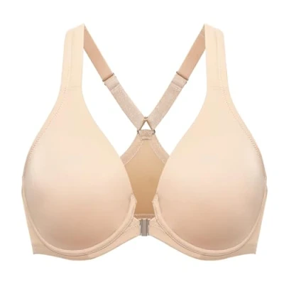 Abbildung von DELIMIRA Damen Vorderverschluss Racerback BH Grosse Grössen Bügel BHS Tiefer Ausschnitt Ungefüttert Vollschalen Taupe Tan 105B