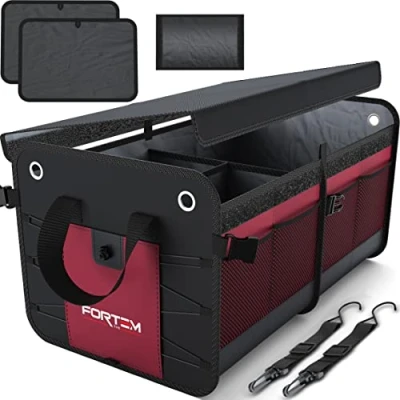 Abbildung von FORTEM Kofferraum Organizer, Kofferraumtasche, Zusammenklappbarer Auto Organizer mit Fächern, Rutschfester Boden, Verstellbare Sicherungsriemen, Klappbarer Deckel (Rot, Groß)