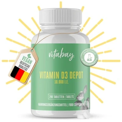 Abbildung von Vitabay Vitamin D3 Depot 10000 I.E. 240 Vegane Tabletten D Hochdosiert Kapseln Vit