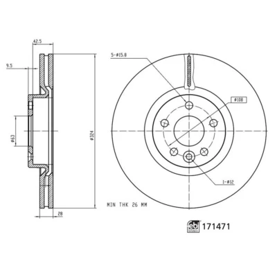 Abbildung von FEBI BILSTEIN 171471 Bremsscheibe Vorderachse 324 28 5 108 innenbelüftet beschichtet hochgekohlt VOLVO: XC60 I