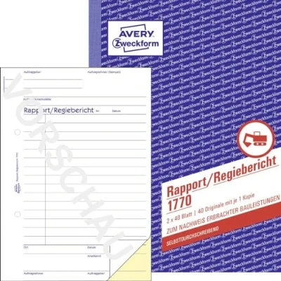 Abbildung von AVERY Zweckform 1770 Rapport/Regiebericht (A5, selbstdurchschreibend, von Rechtsexperten geprüft, für Deutschland und Österreich zur Dokumentation der Arbeitsleistung, 2x40 Blatt) weiß/gelb