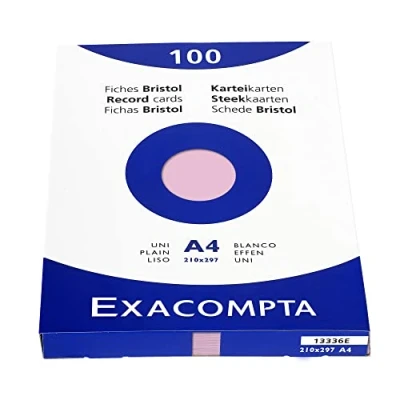 Abbildung von Exacompta 13336E Packung (mit 100 Karteikarten, ungelocht DIN A4, 210 x 297 mm, 205 g, blanko, ideal für die Schule) 1er Pack rosa