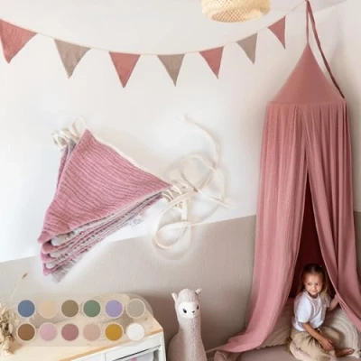 Abbildung von lilimaus Wimpelkette Stoff [Rosa &amp; Beige] Kinderzimmer 100% Baumwolle Handmade Girlande Musselin Hausbett Deko Mädchen Jungen für Babyzimmer