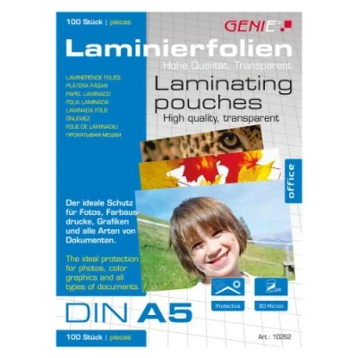 Abbildung von Genie 10262 Laminierfolien (glasklar; 80 Mikron für Formate bis zu DIN A5; geeignet alle HeiÃŸlaminiergeräte) 100er Pack