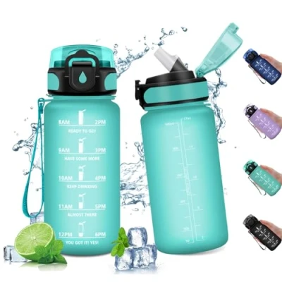 Abbildung von Sportflasche 500ml, Wasserflasche mit Strohhalm, Trinkflasche Auslaufsicher, Sport Zeitmarkierung, Kohlensäure Geeignet, Groß für Fitness, Yoga, Outdoor, Fahrrad