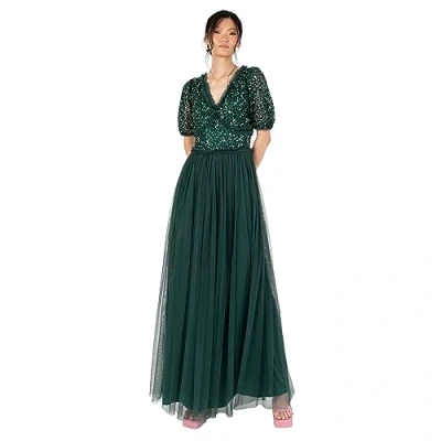 Abbildung von Women&#039;s Maxi Dress Ladies V Neck Short Sleeve Sequin Embellished Tulle Ruffle for Wedding Guest Bridesmaid Ball Gown Kleid,