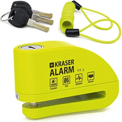 Abbildung von KRASER KR6Y Bremsscheibenschloss mit Alarm 110dB, Verstärkt, Wasserdicht, Erinnerungskabel Transporttasche Zubehör, Motorradschloss Universal Vespa E bike, Motorrad Schloss, Fahrradschloss