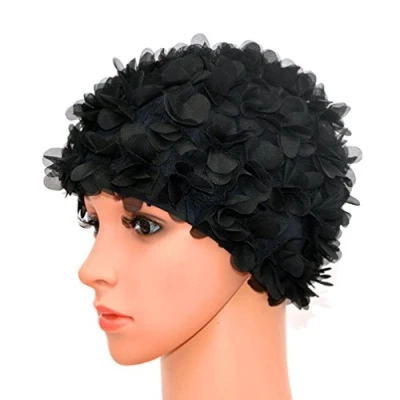 Abbildung von Medifier Badekappe mit Spitze, Vintage Stil, Blumenmuster, Retro Stil (Schwarz)