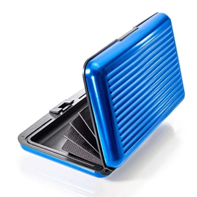 Abbildung von VALLET® Kreditkartenetui aus Aluminium für Damen &amp; Herren blockiert RFID NFC Kreditkarten Personalausweis EC Karten Kartenetui Kartenhülle Portemonnaie Etuis Blau