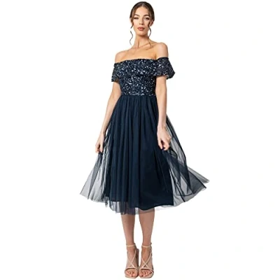 Abbildung von Maya Deluxe Damen Bardot Embellished Midi Bridesmaid Dress, Navy, 40 EU
