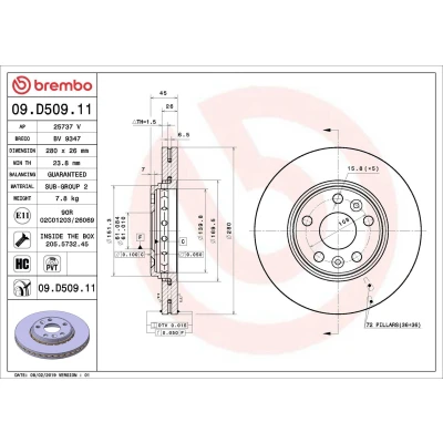 Abbildung von BREMBO 09.D509.11 Bremsscheibe 280 26 5 innenbelüftet beschichtet hochgekohlt mit Schrauben RENAULT: Kangoo II Express, / Grand