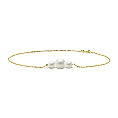 Abbildung von Miore Schmuck Damen Armband mit 3 weiße runde Süßwasserperlen 6.5 mm Armkette aus Gelbgold 14 Karat / 585 Gold, Länge Einstellbar 18 22cm