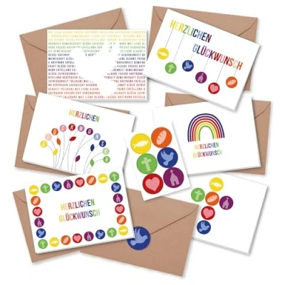 Abbildung von Papierdrachen 6 Glückwunschkarten für christliche Feste wie Taufe, Kommunion, Konfirmation, Firmung Motiv Regenbogen Klappkarten mit Umschlag und passenden Stickern DIN A6 Set 2